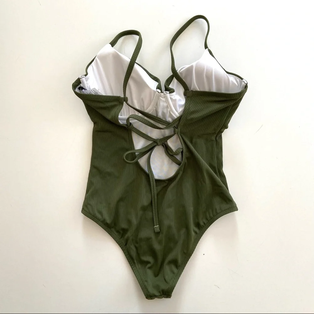 Shade & Shore Palm Olive Green Ribbed Cheeky One-Piece Swimsuit